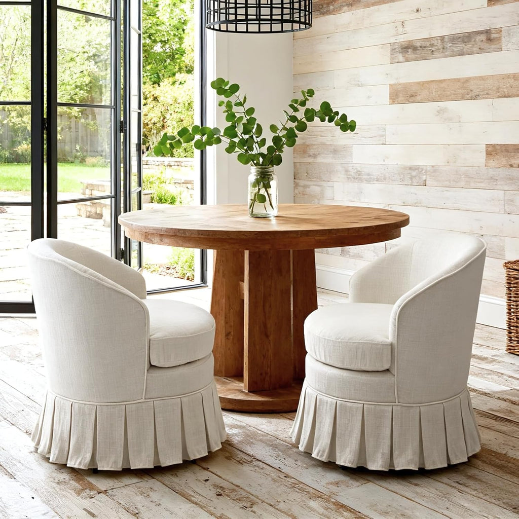 chairus Upholstered Dining Chairs Set of 2, Linen Barrel Dining Room Chairs with Pleated Skirt & Metal Legs, Modern Farmhouse Slipcovered Side Kitchen Chairs, Cream White