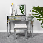 VINGLI Mirrored Vanity Stool with Storage, Upholstered Velvet Ottoman, Makeup Dressing Table Bench with Sparking Diamonds, Silver