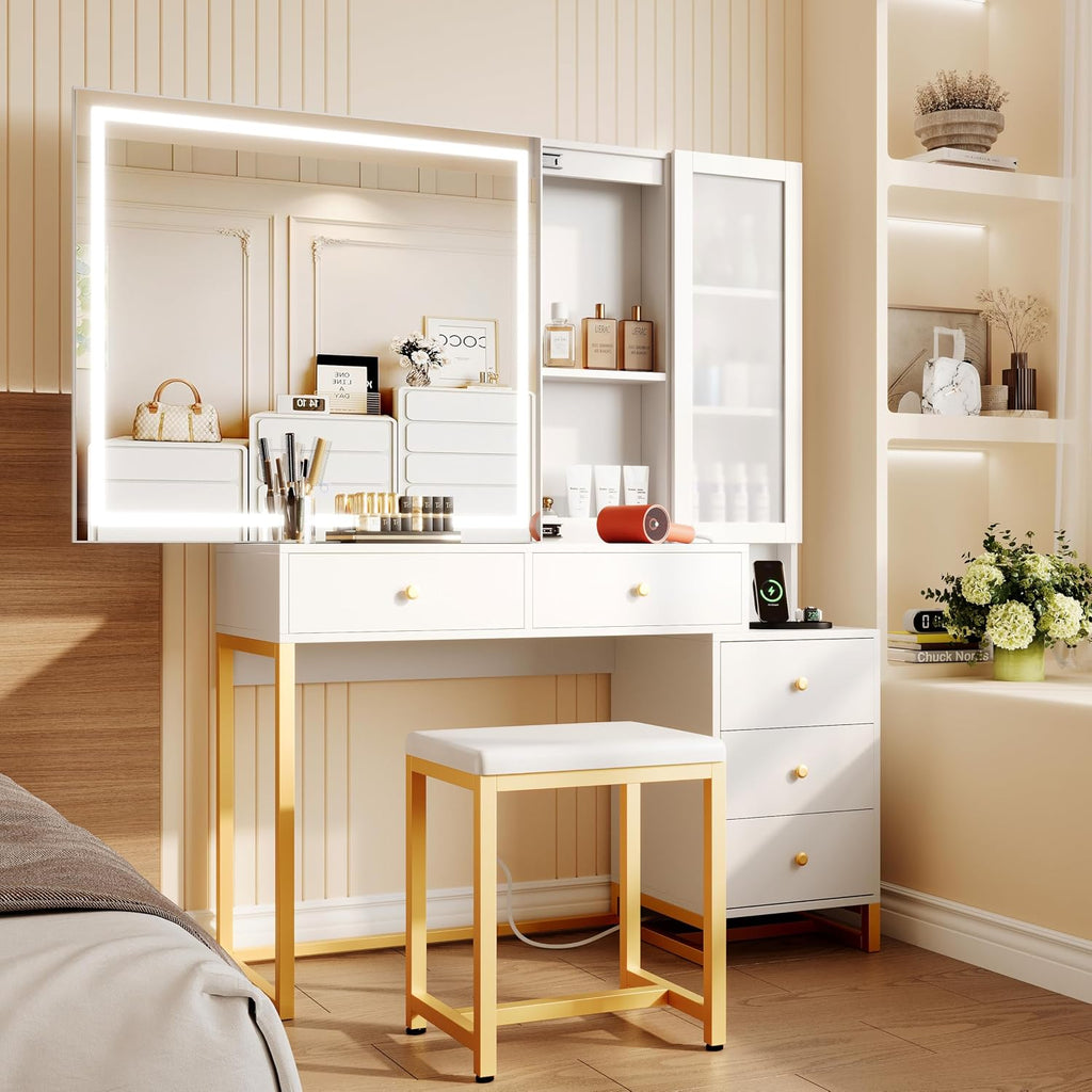 Extra Large Modern Makeup Vanity Table Set with Sliding Lighted Mirror, Charging Station, Cushioned Stool, 5 Hidden Storage Drawers & Matching Nightstand for Women(White - Sliding Mirror)