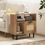 Giantex Rattan End Table with Cabinet, Boho Nightstand with Storage Shelves, Narrow Side Table for Small Space, Rustic Wooden Bedside Tables for Bedroom, Living Room, Entryway