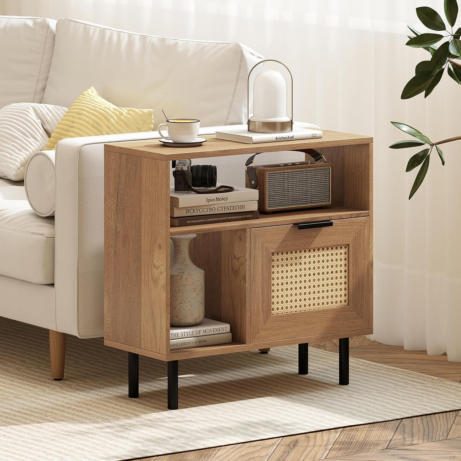 Giantex Rattan End Table with Cabinet, Boho Nightstand with Storage Shelves, Narrow Side Table for Small Space, Rustic Wooden Bedside Tables for Bedroom, Living Room, Entryway