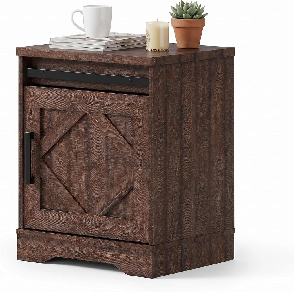 WAMPAT 24.3" H Storage Cube,Rustic End Table with Drawers and Adjustable Storage Shelves, Wood Side Table with Barn Doors for Living Room,Bedroom,Dark Walnut Brown