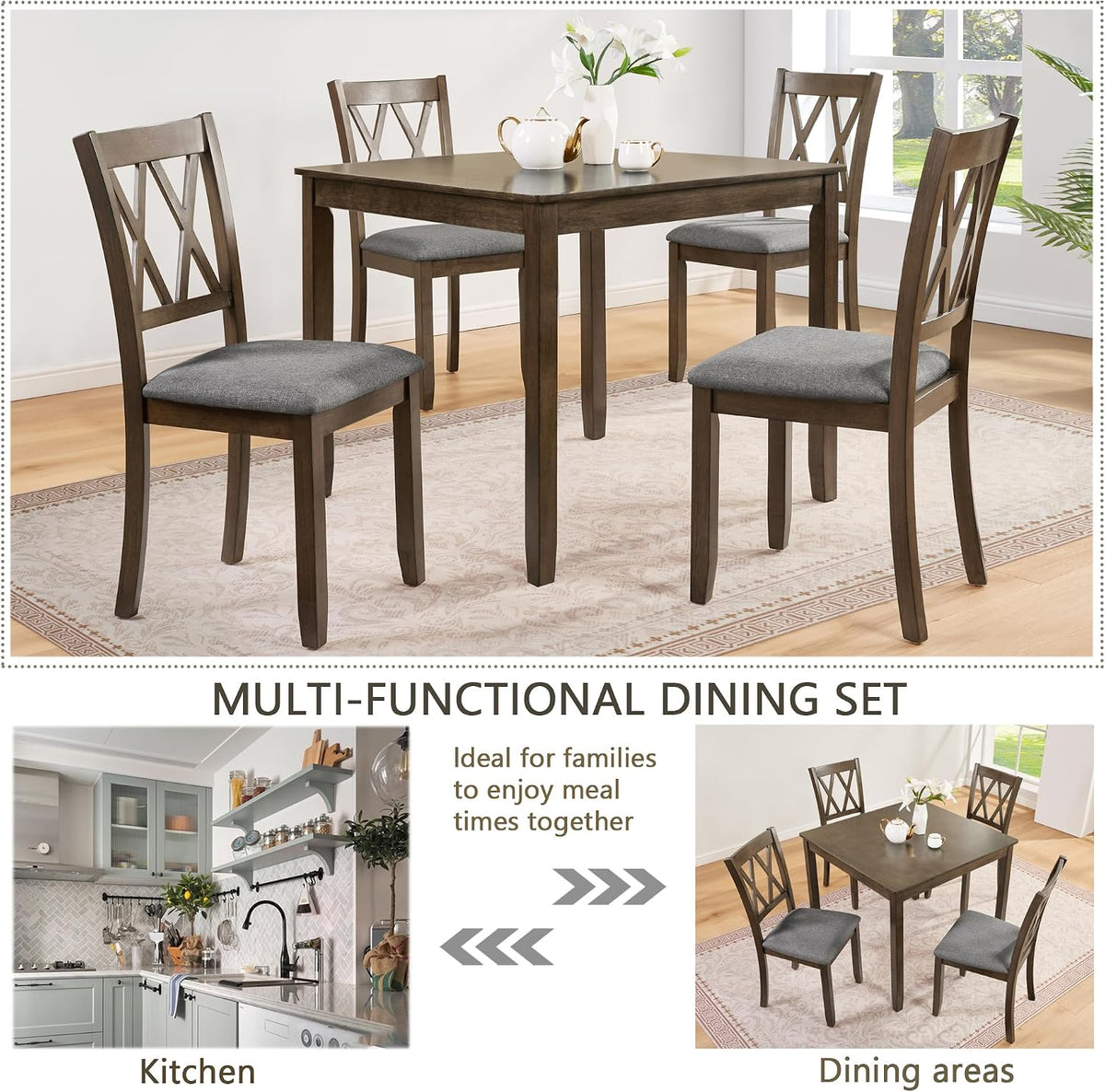 LUMISOL 5-Piece Solid Wood Dining Table Set for 4, Farmhouse Kitchen Table Set with 4 Upholstered Chairs for Kitchen, Dining Room, Living Room, Walnut
