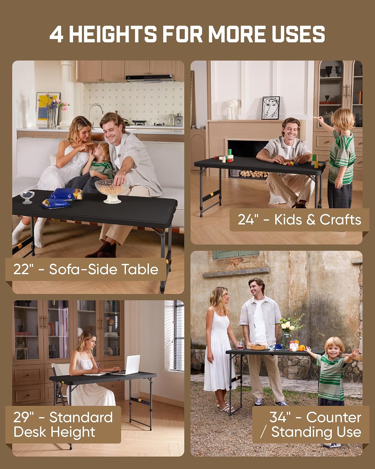 FanttikOutdoor Folding Table 4 Foot Quick Adjust Portable Plastic 4 Heights | Effortless Adjustable Height Small Card Table, Fixing Lock, Indoor Outdoor Use for Party Camping, 1 Pack Black Zeta X4 Pro