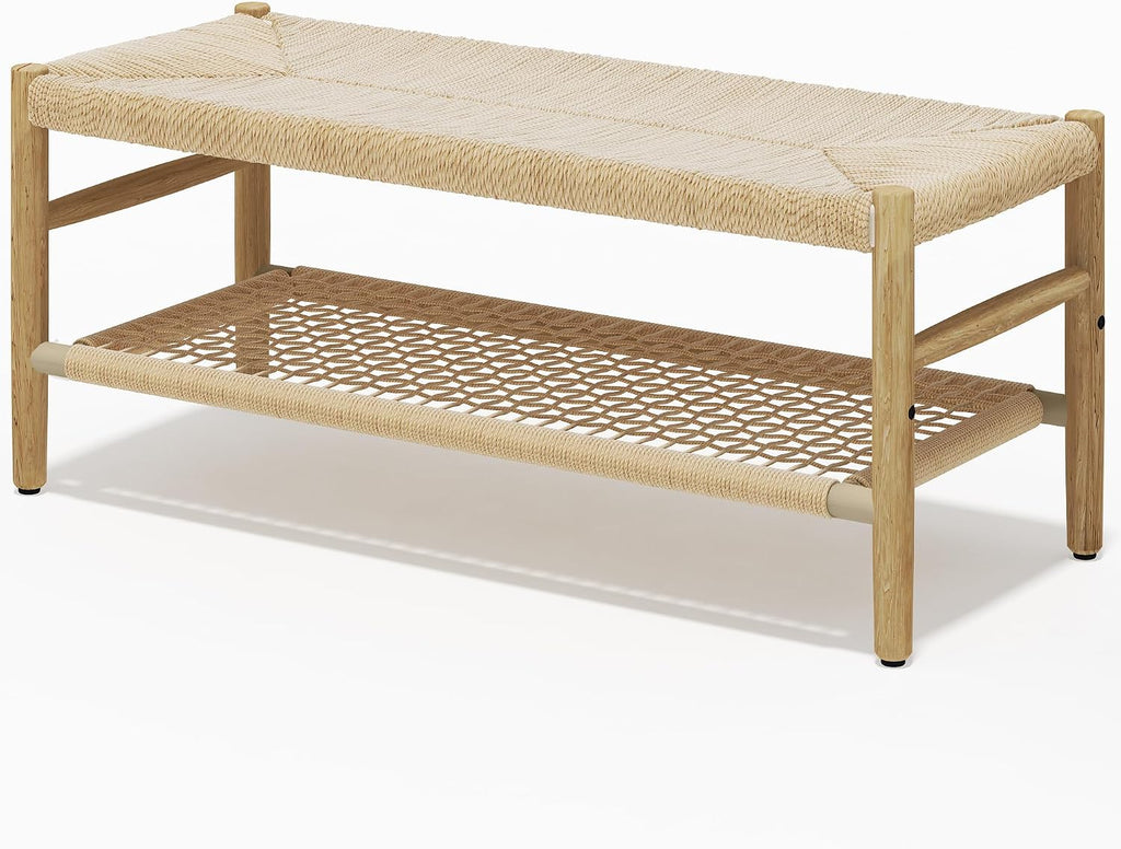Recaceik Indoor Entryway Bench with Paper Cord Ottoman & Grid Storage Rack, Mid-Century Long Bench with Rubber Wood Legs, French Vanity End Bed Bench for Bedroom Living Room Channel
