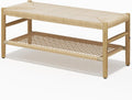 Recaceik Indoor Entryway Bench with Paper Cord Ottoman & Grid Storage Rack, Mid-Century Long Bench with Rubber Wood Legs, French Vanity End Bed Bench for Bedroom Living Room Channel