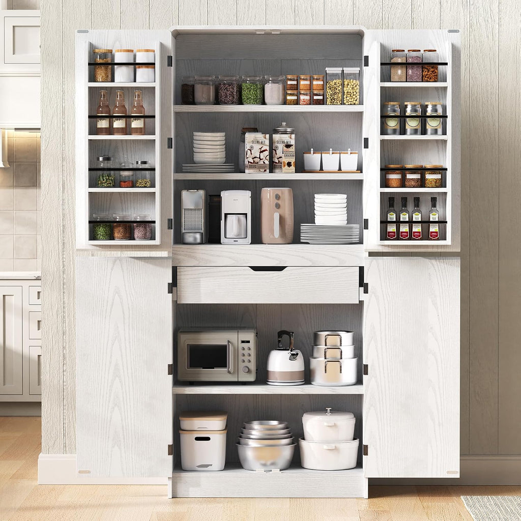 72'' Tall Mid-Century Kitchen Pantry with 3 Adjustable Shelves, Freestanding Storage Cabinet with 8 Door Shelves & 1 Hidden Drawer, Versatile Cupboard for Kitchen, Dining & Living Room,White