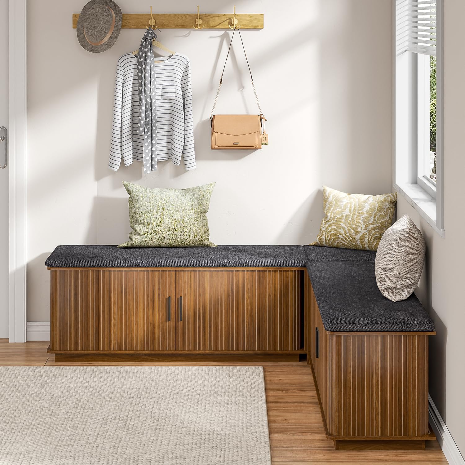 Corner Storage Bench with Hidden Storage, L-Shaped Shoe Bench with Cushion, Space Saving Storage Bench for Entryway, Kitchen, Cloakroom, Dining Room, Walnut
