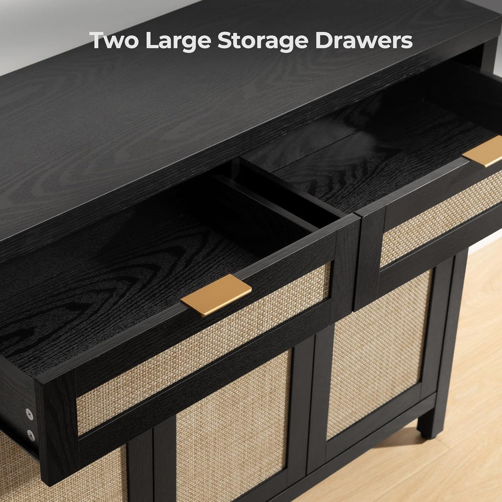 SICOTAS Rattan Sideboard Buffet Cabinet with Storage, Boho Credenza Accent Cabinet with 3 Doors and 2 Drawers, Farmhouse Console Coffee Bar for Kitchen, Living Room, and Entryway, Black Oak