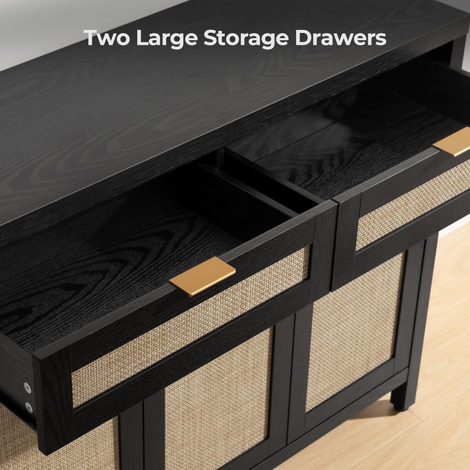 SICOTAS Rattan Sideboard Buffet Cabinet with Storage, Boho Credenza Accent Cabinet with 3 Doors and 2 Drawers, Farmhouse Console Coffee Bar for Kitchen, Living Room, and Entryway, Black Oak