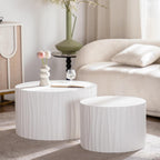 Nesting Coffee Table Set of 2, Modern Round Wooden Drum Side End Coffee Tables for Living Room, Bedroom, White-03