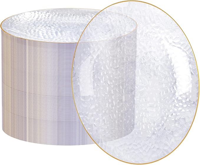 Rubtlamp 60 Pieces Gold Plastic Plates - 10 inch Clear Dinner Plates - Hammer Pattern Design - Fancy Clear and Gold Disposable Plates For All Occasions