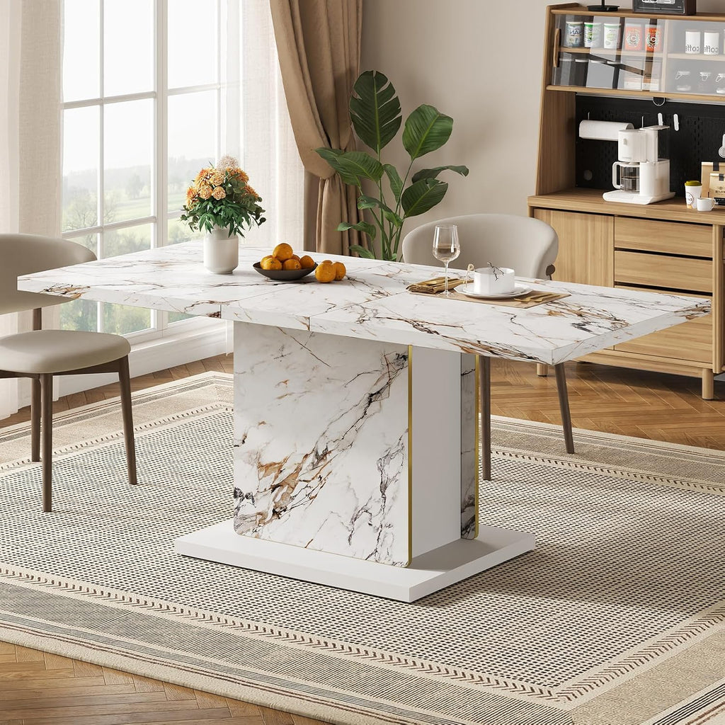 HOMISSUE 70" Faux Marble Dinner Table，Rectangle Modern White Dining Table for 6-8 People，Large Kitchen Furniture Table with Sturdy Base for Dining Room, Living Room, White
