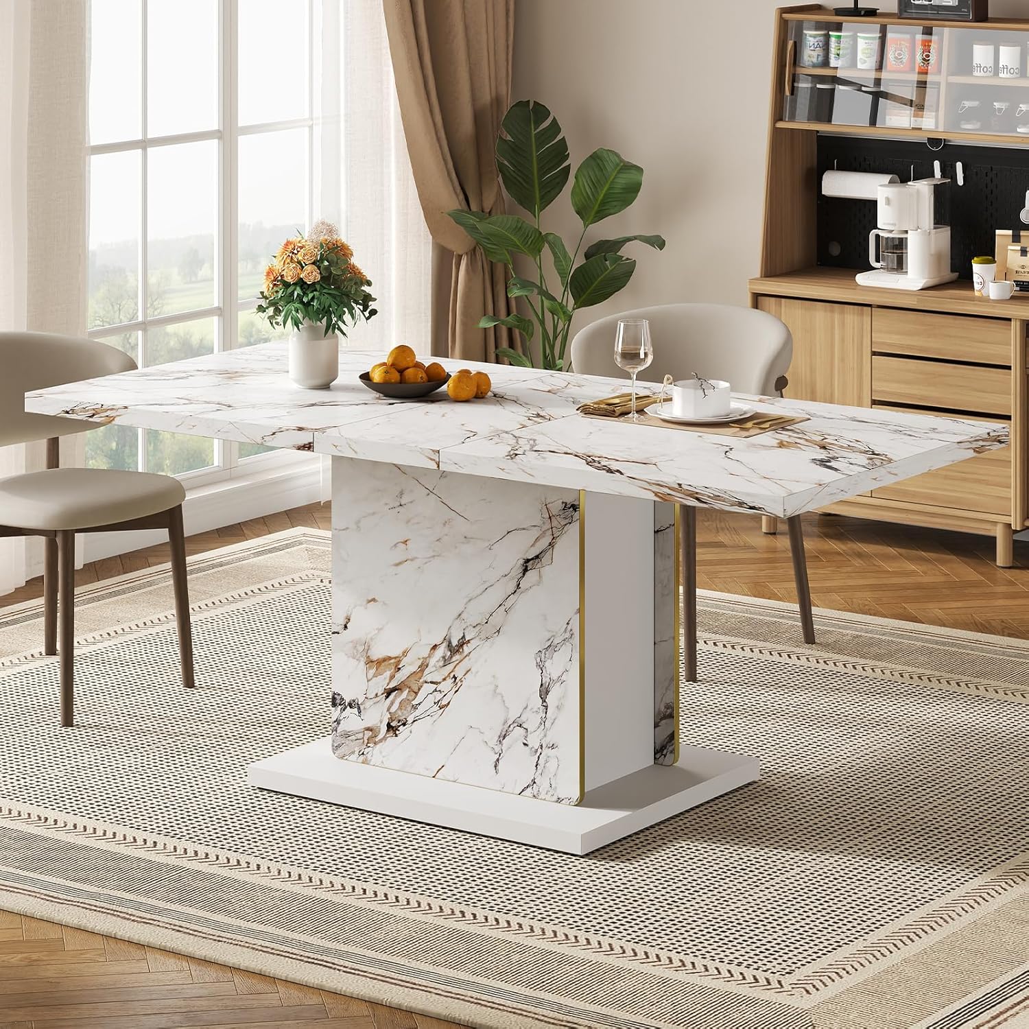 HOMISSUE 70" Faux Marble Dinner Table，Rectangle Modern White Dining Table for 6-8 People，Large Kitchen Furniture Table with Sturdy Base for Dining Room, Living Room, White