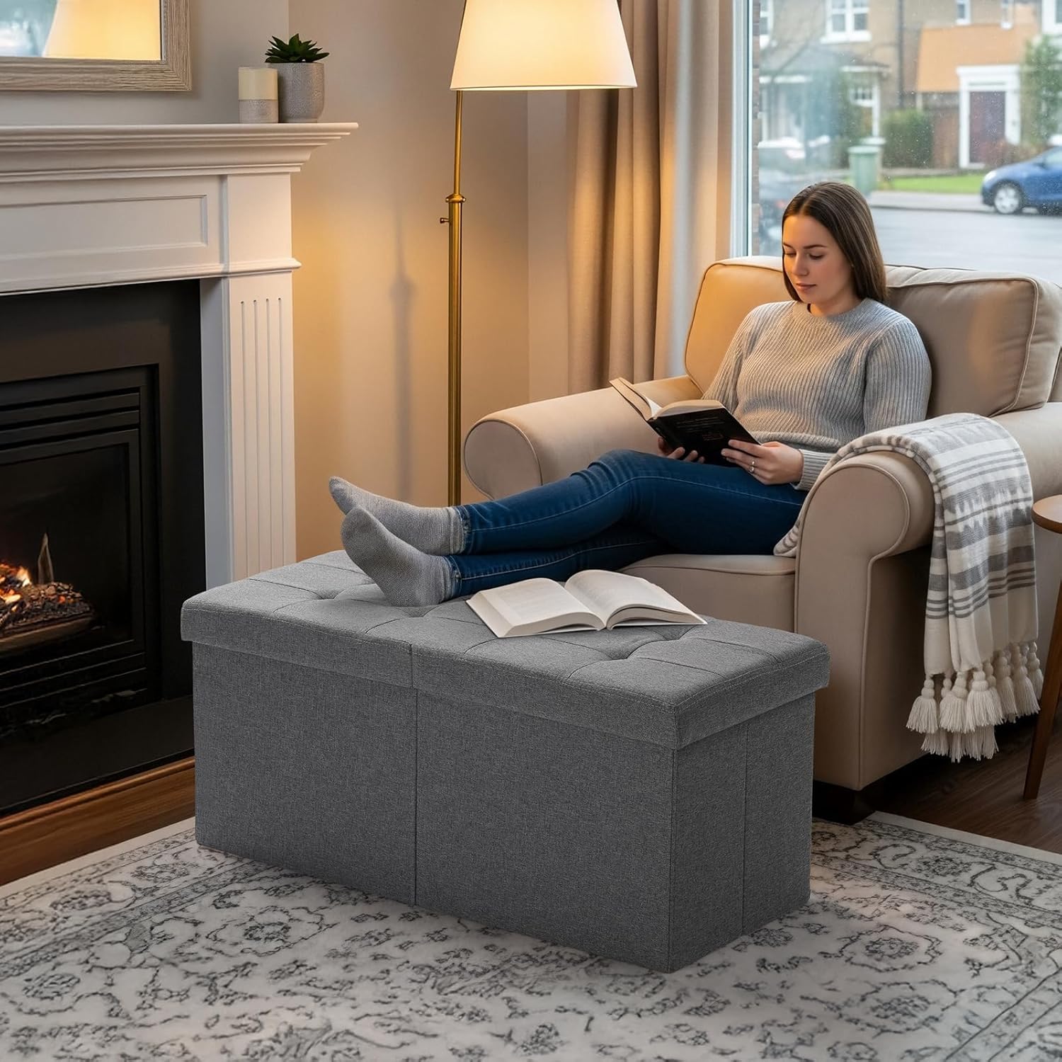 30-INCH Ottoman with Storage, Footrest Storage Bench, End of Bed Bench Coffee Table for Living Room, Bedroom, Entryway (Gray)