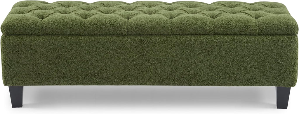 Christopher Knight Home Ottilie Boucle Fabric Storage Ottoman Bench, Wooden Rectangular Ottoman with Storage, Bedroom End of Bed Foot Stool, Entryway Ottoman Footrest, Living Room Extra Seat, Green