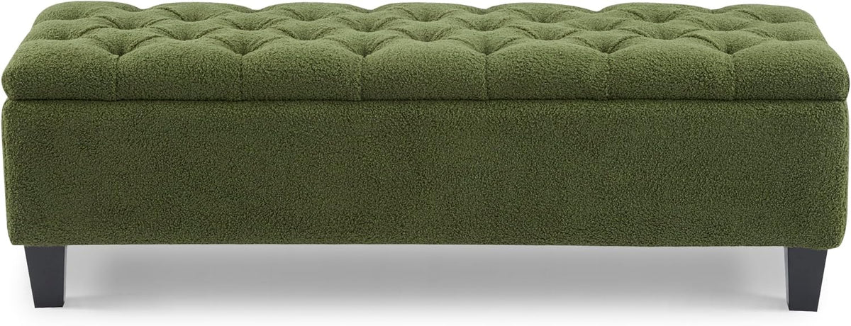 Christopher Knight Home Ottilie Boucle Fabric Storage Ottoman Bench, Wooden Rectangular Ottoman with Storage, Bedroom End of Bed Foot Stool, Entryway Ottoman Footrest, Living Room Extra Seat, Green