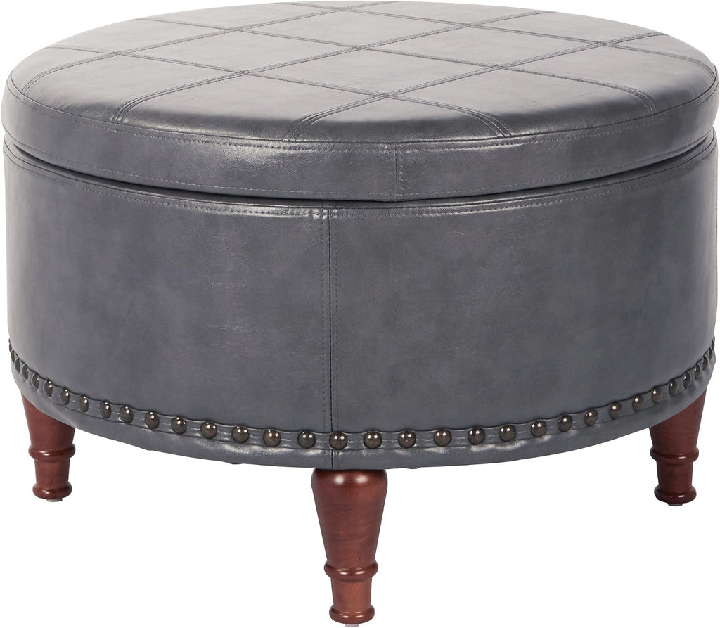 OSP Home Furnishings Alloway Storage Ottoman with Antique Bronze Nailheads, Pewter Faux Leather