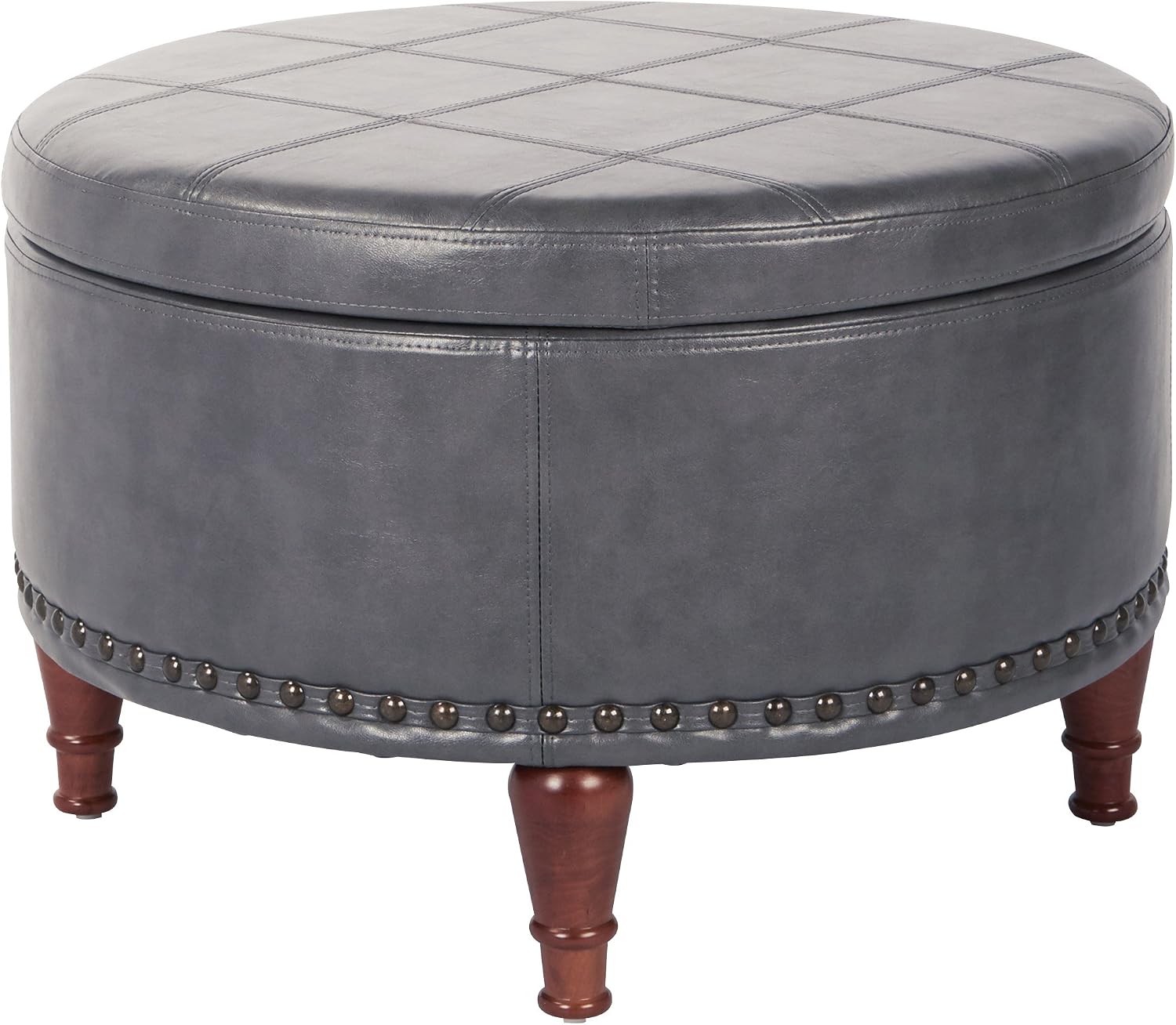 OSP Home Furnishings Alloway Storage Ottoman with Antique Bronze Nailheads, Pewter Faux Leather