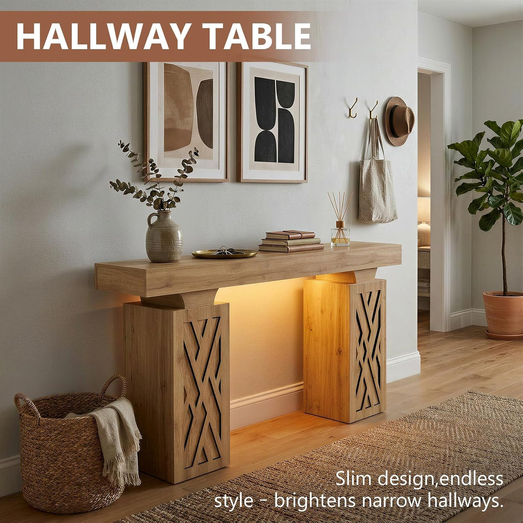 63-Inch Modern Console Table with LED & Outlet, Farmhouse Entryway Table with Geometric Base, Solid Wood-Grain Sofa Table Behind Couch, Narrow Accent Table for Hallway, Brown Oak