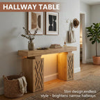 63-Inch Modern Console Table with LED & Outlet, Farmhouse Entryway Table with Geometric Base, Solid Wood-Grain Sofa Table Behind Couch, Narrow Accent Table for Hallway, Brown Oak