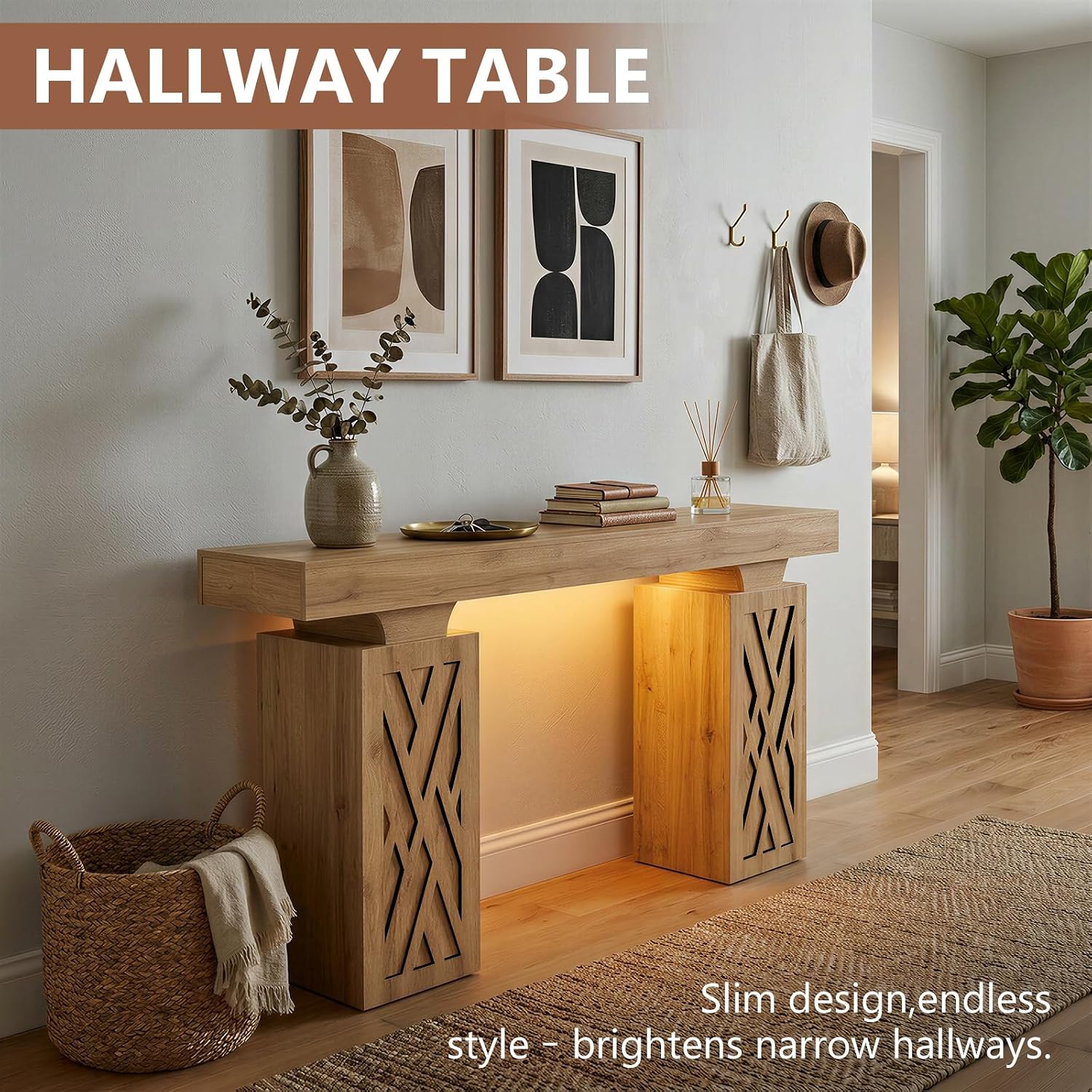 63-Inch Modern Console Table with LED & Outlet, Farmhouse Entryway Table with Geometric Base, Solid Wood-Grain Sofa Table Behind Couch, Narrow Accent Table for Hallway, Brown Oak