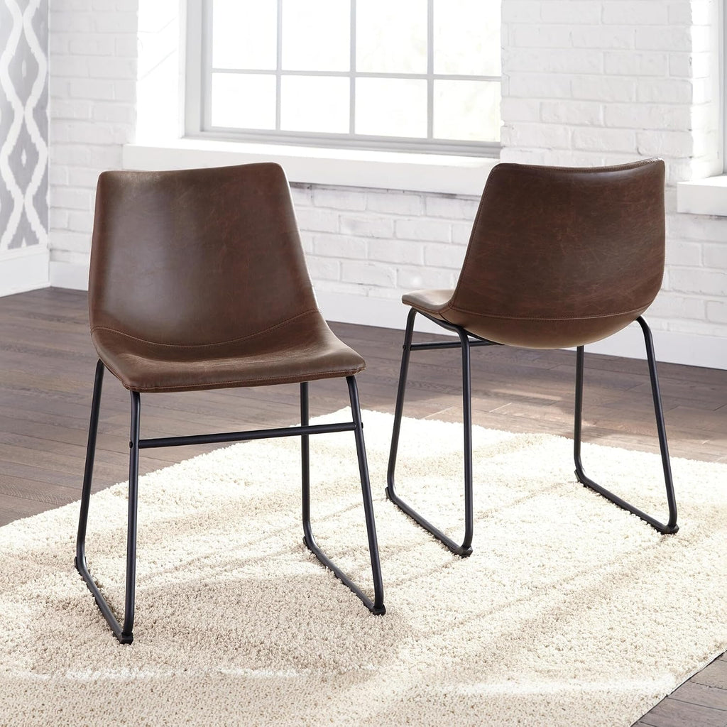 Signature Design by Ashley Centiar Mid-Century Dining Chair Set of 2, Brown | Contoured faux leather bucket seats, Matte black tubular metal base, Optimized for compact kitchen and eat-in spaces