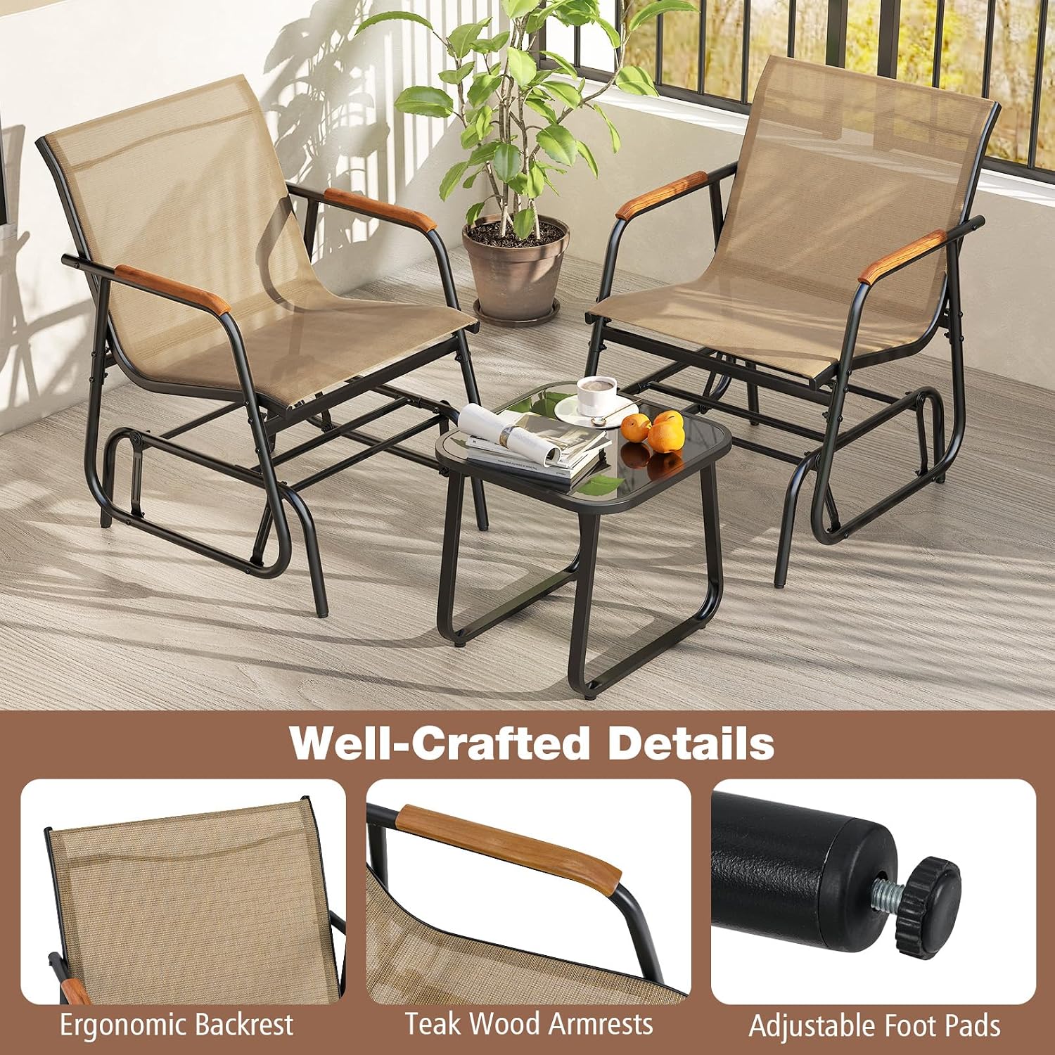 Tangkula 3 Piece Patio Bistro Glider Set, 2 Rocking Chairs w/Tempered Glass Side Table, Patio Furniture Set w/Smooth Rocking Motion, Outdoor Glider Chair Set for Porch, Yard, Balcony