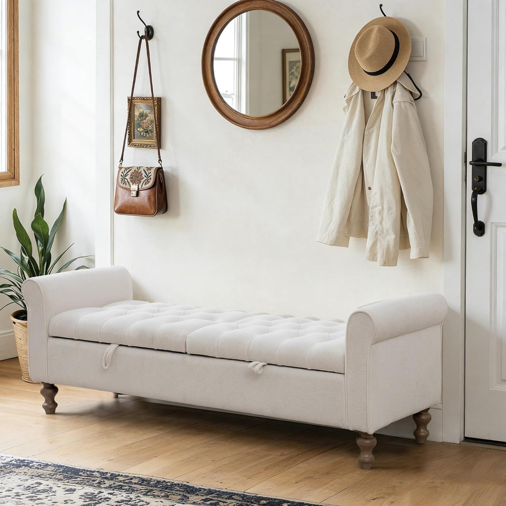 Chifee & Vingol 65" Storage Ottoman Bench Upholstered End of Bed Bench Modern Entryway Benches Double Openings Window Benches for Bedroom Living Room Entryway,Beige