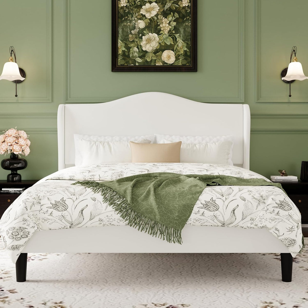 SHA CERLIN Queen Size Bed Frame with Curved Wingback Headboard,Soft White