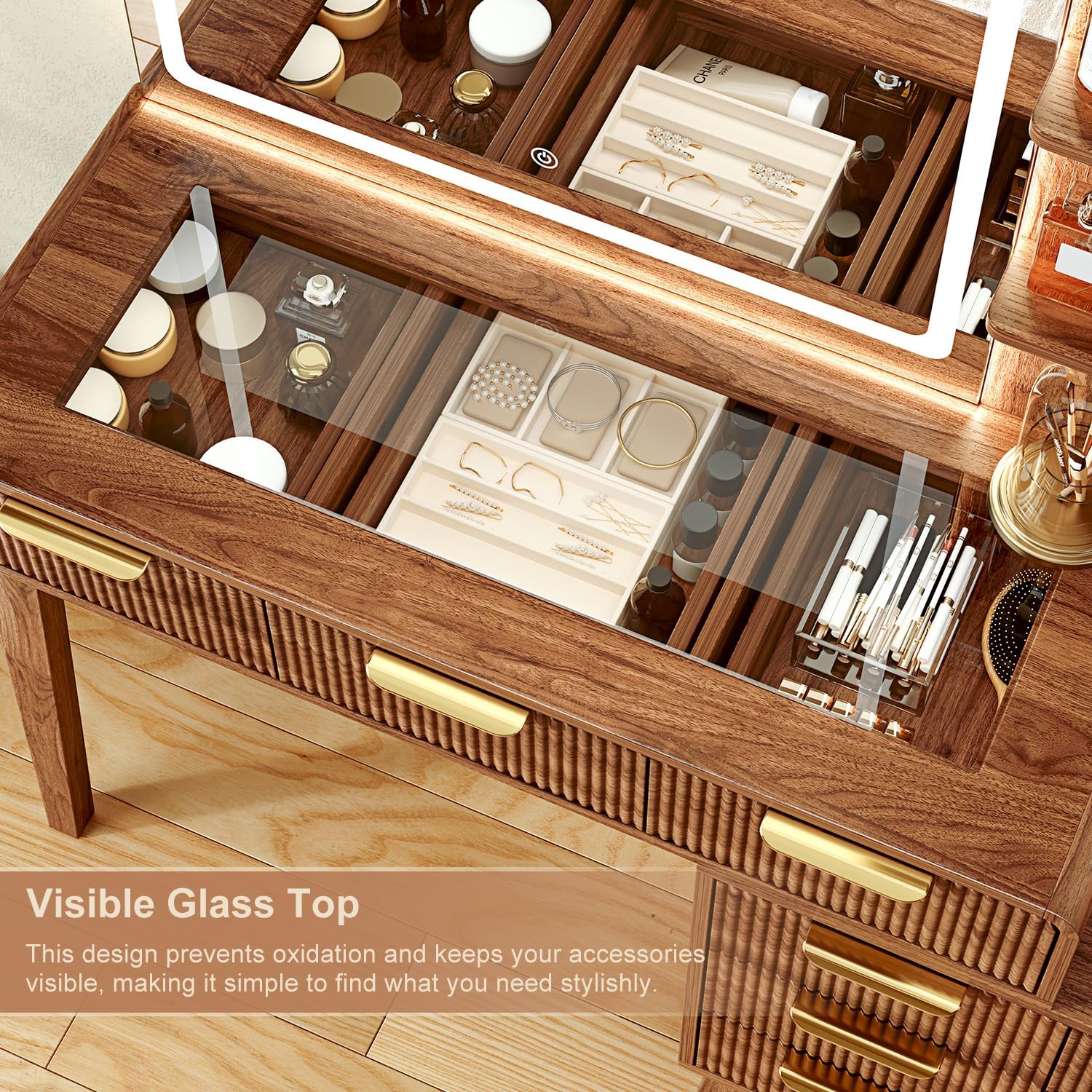 Glass Top Makeup Vanity with 3-Color LED Lighted Mirror & Power Strip, Large Vanity Table with 9 Drawers, Enclosed Cabinet & 2-Tier Open Shelves, Wooden Legs Bedroom Dressing Table, 47.2"W, Walnut