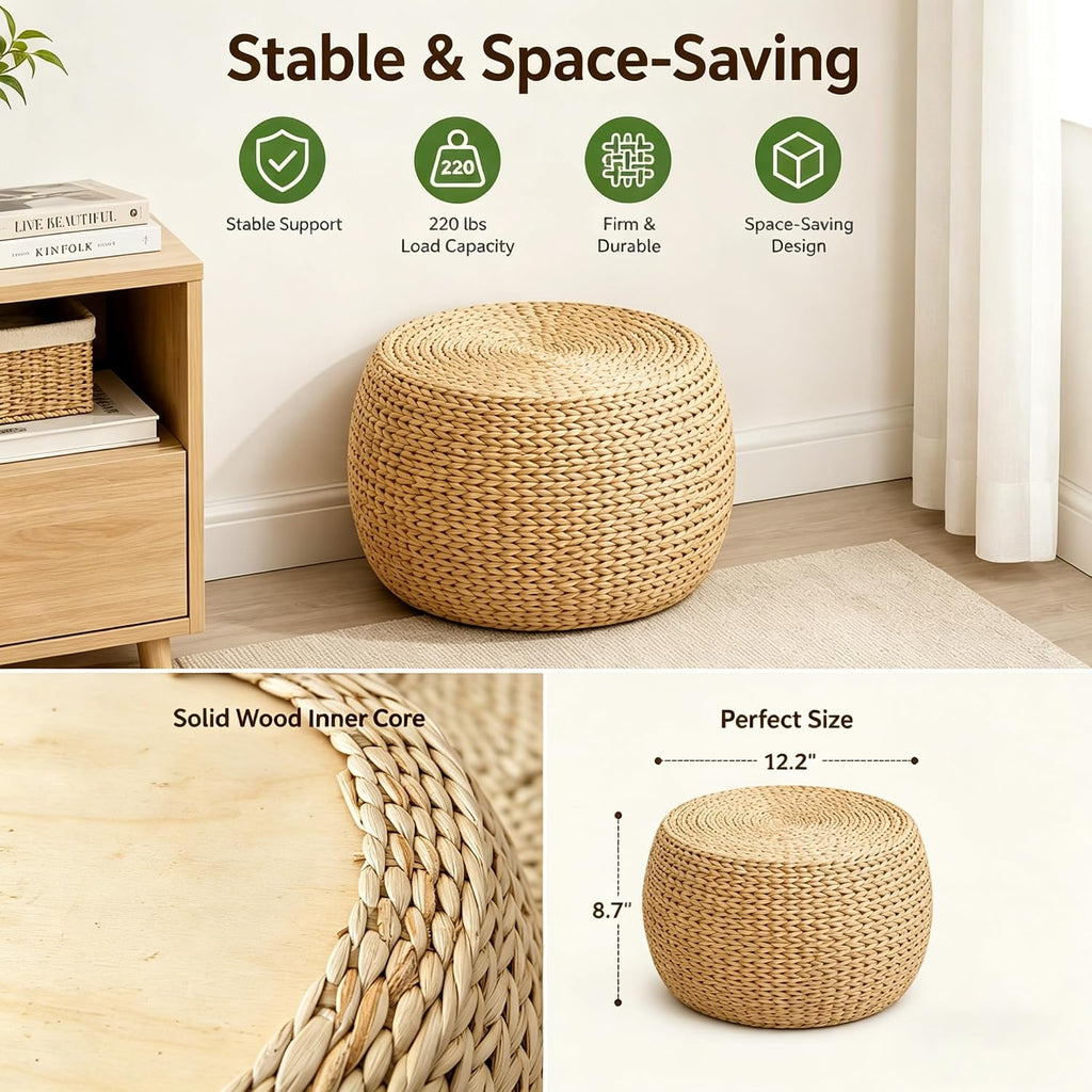 Small Straw Pouf Ottoman, Low Natural Footrest, Dia: 12.2" | Natural, Eco-friendly, Lightweight, Anti-Slip, Breathable, Boho Tatami Footstool for Living Room Bedroom Patio