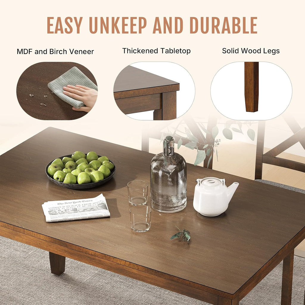 Zevemomo 6-Piece Wooden Dining Table Set, Wooden Legs Dining Table, Walnut | Dining Table Set for 6, Including 1 Dining Table, 4 Upholstered Chairs and 1 Bench, Table Set for Dining Room & Kitchen