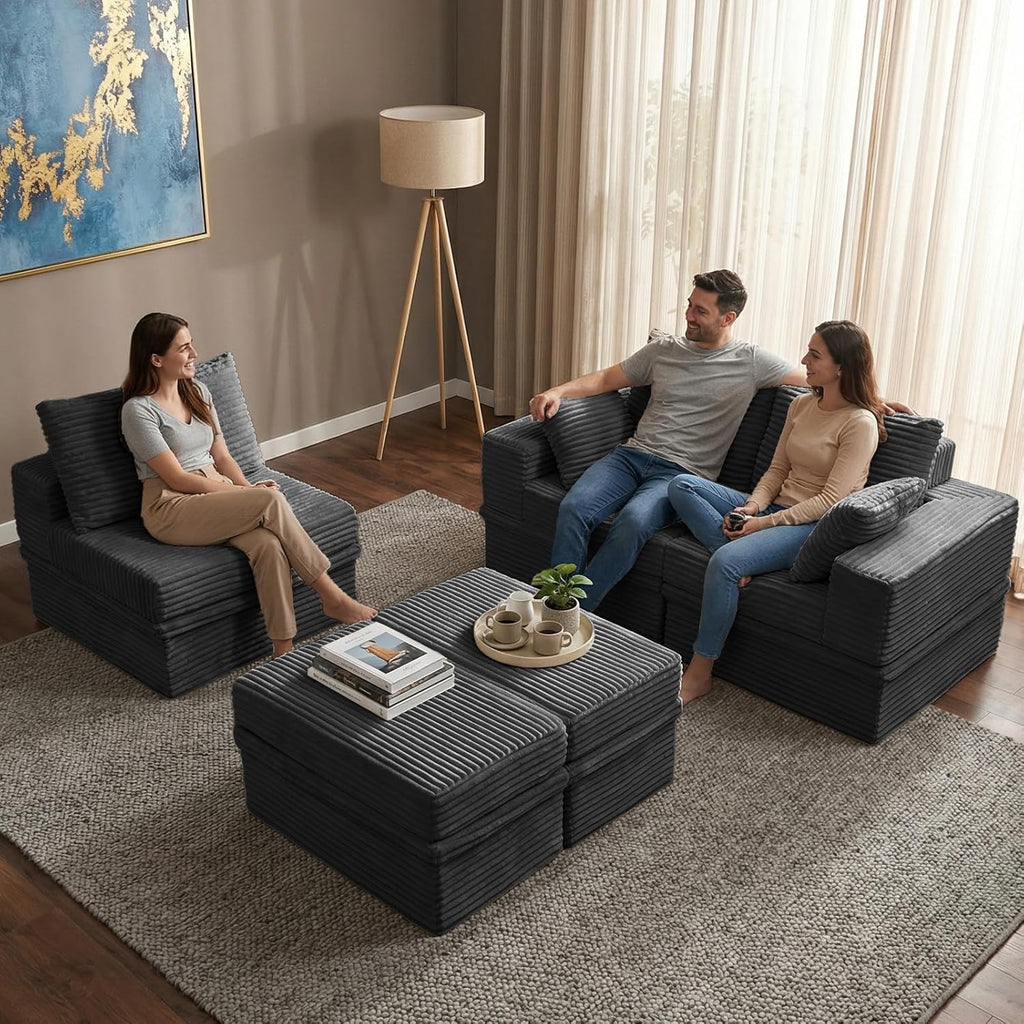 107'' Modular Sectional Sofa, Deep Seat Couch with Storage | Oversized High-Back for Living Room & RV | With Ottoman | High Density Foam & Corduroy | Tool-Free Assembly | Cozy Dark Gray