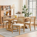 French Dining Chairs Set of 4,Farmhouse Upholstered Linen Chairs with Rattan Square Backrest,Solid Wood Legs,for Living Room,Kitchen,Restaurant,Beige