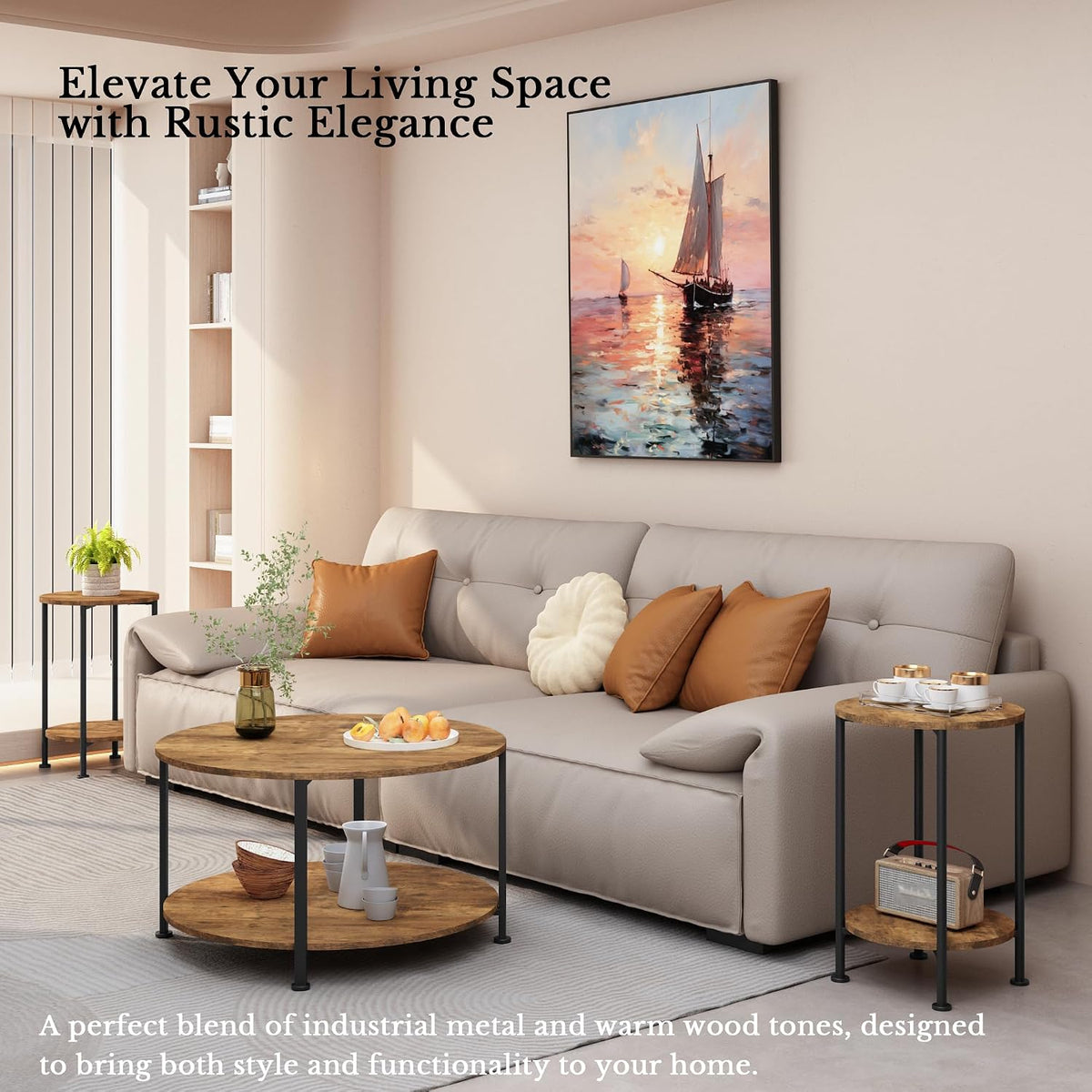Farmhouse 3-Piece Coffee Table and End Table Set for Living Room | Round Coffee Table Set of 3 with Storage
