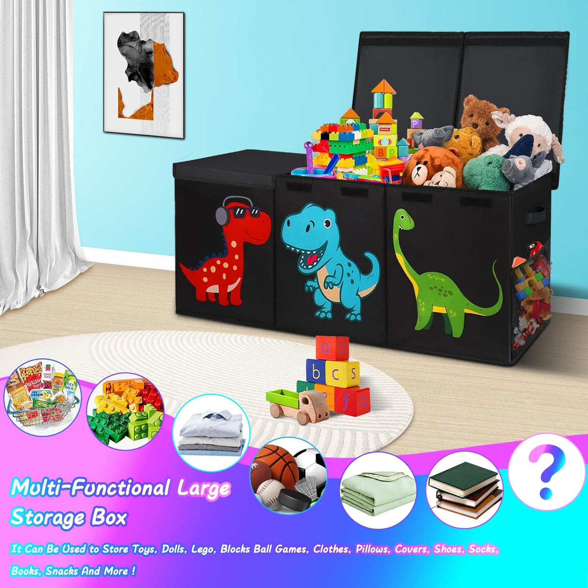 Extra Large Toy Box Chest, Collapsible Storage Bins with Lids, 40"x16"x16" | Sturdy Kids Storage Organizer Toy Bins Basket with Dividers, Bedroom Nursery Playroom Organization, Black