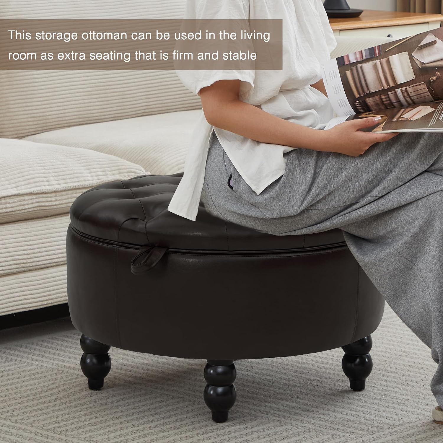 30 Inch PU Leather Round Storage Ottoman with Tray, Modern Upholstered Tufted Coffee Table with Storage, Large Ottoman Footrest Stool for Living Room, Bedroom, Dorm, Dark Brown