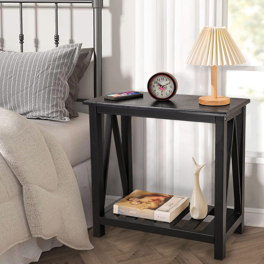 Narrow Side Table with Storage Shelf 2 Tier Wooden Nightstand Bedside Tables for Small Spaces Black Modern Accent Sofa Side Tables for Couch Living Room Bedroom Entryway