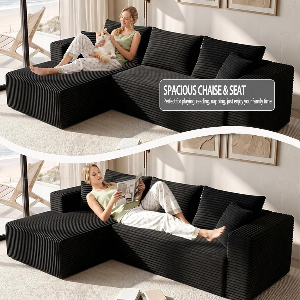 93" Couch for Living Room, Black, Left Facing Chaise | Corduroy L-Shape Couch with Chaise & Deep Seat, 30D Memory Foam, Modular Sectional Sofa for Small Space, No-Assembly