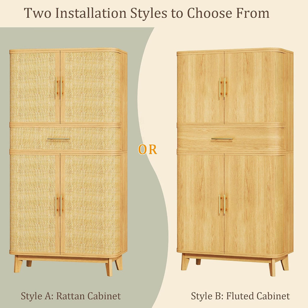 HUAHUU 71" Tall Pantry Cabinet with Curved Rattan Doors, Large Pantry Storage Cabinet with Drawer & Adjustable Shelves, Modern Farmhouse Kitchen Cabinet for Dining Room, Living Room, Oak