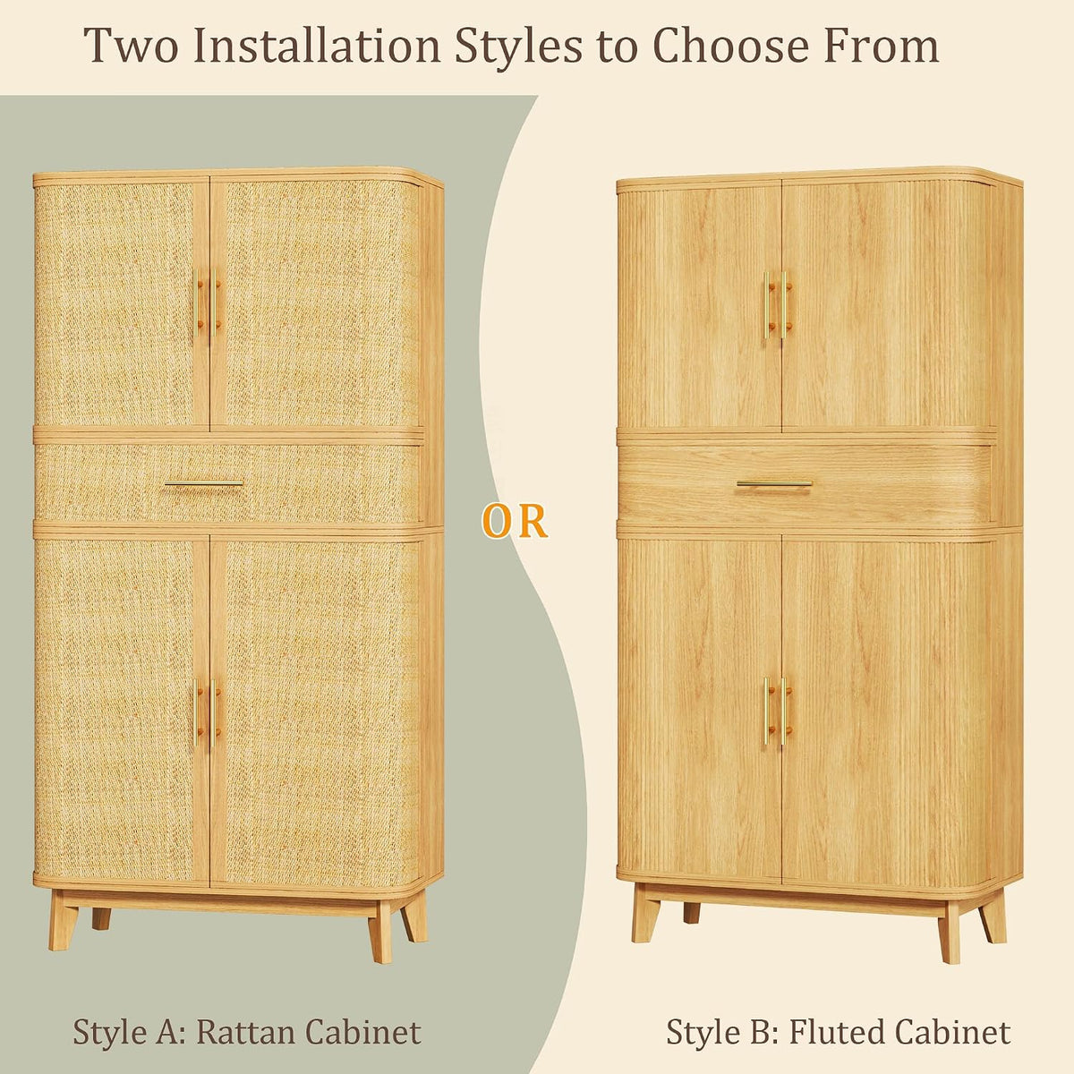 HUAHUU 71" Tall Pantry Cabinet with Curved Rattan Doors, Large Pantry Storage Cabinet with Drawer & Adjustable Shelves, Modern Farmhouse Kitchen Cabinet for Dining Room, Living Room, Oak