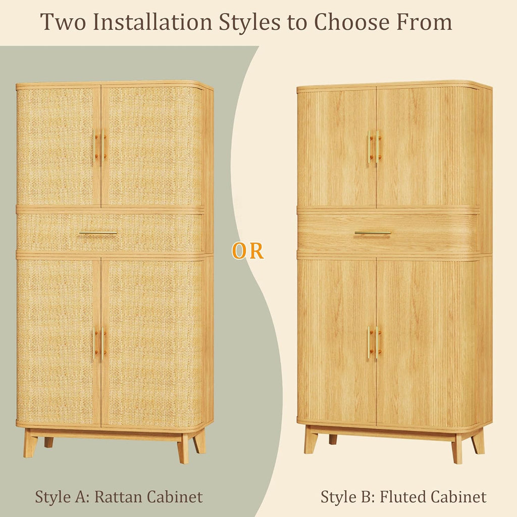 HUAHUU 71" Pantry Cabinet with Drawer, Kitchen Pantry Storage Cabinet with 4 Doors, Modern Curved Storage Cabinets with 10 Large Storage Spaces for Dining Room, Living Room, Oak