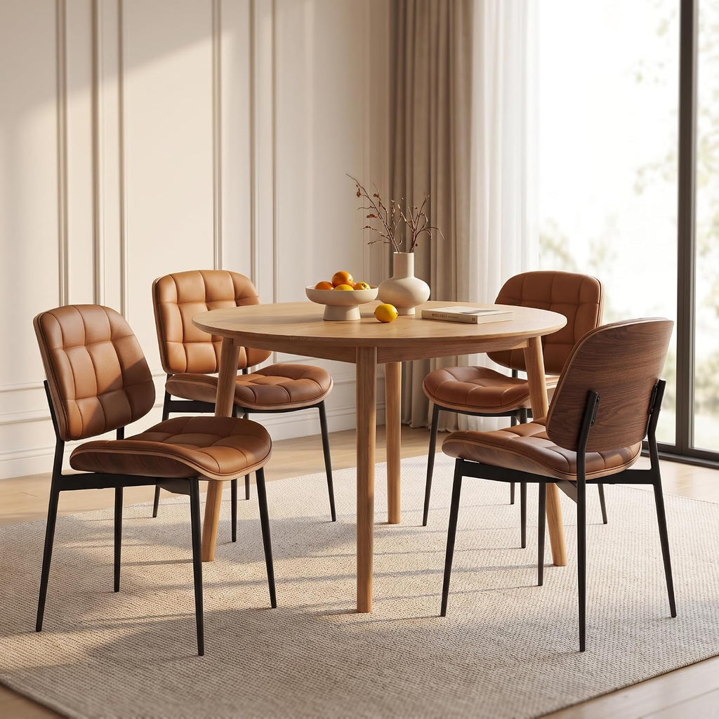 GrandNoor Mid Century Modern Dining Chairs with Walnut Grain Back, Brown Faux Leather Dining Room Chairs Set of 2, Checkered Soft Cushion Kitchen Chairs with Adjustable Foot Pads