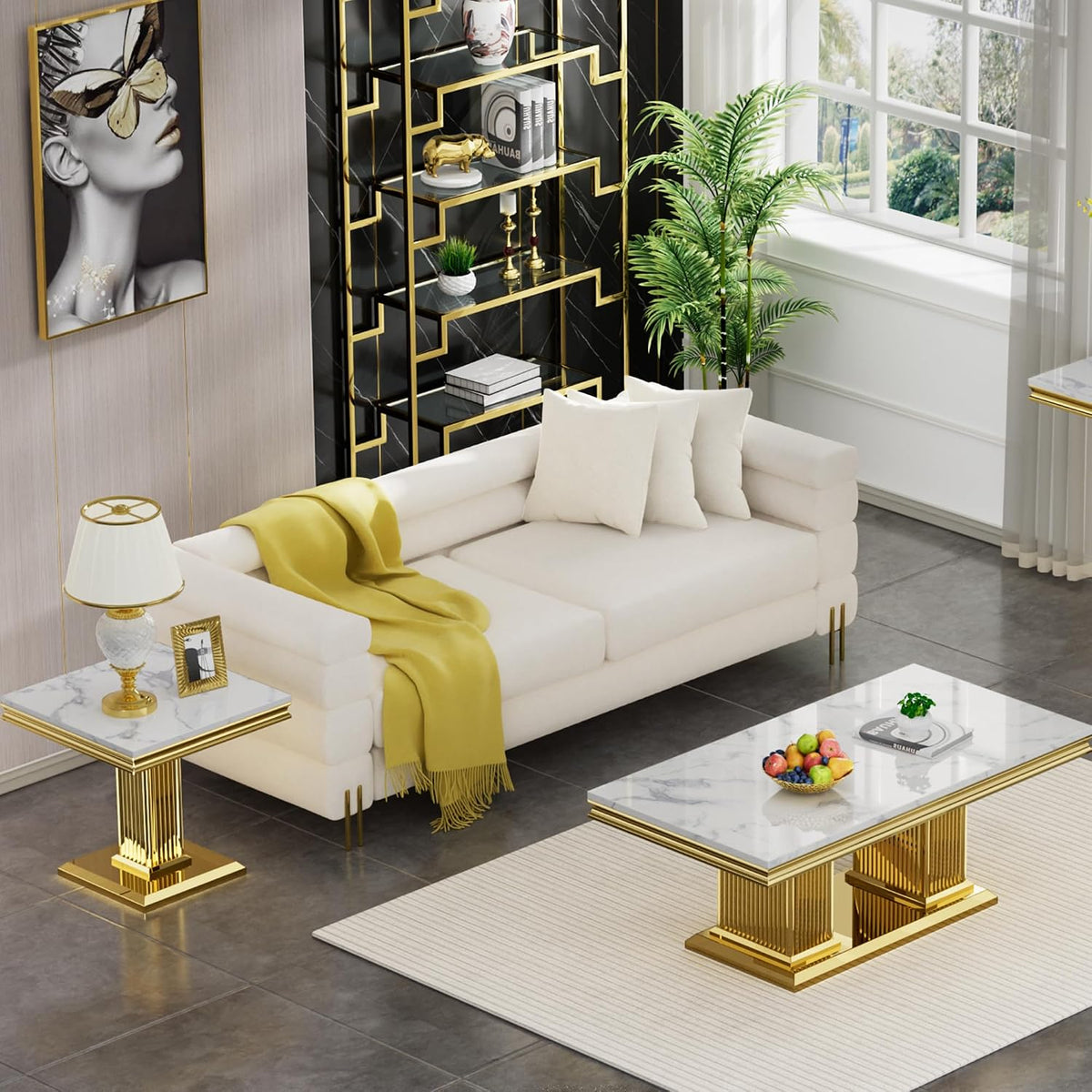 Henf 23in Square End Table Faux Marble End Table with Pillar Stainless Steel Base, Night Table White Marble top Accent Sofa Side Table for Living Room Office, Luxury White&Gold End Side Table