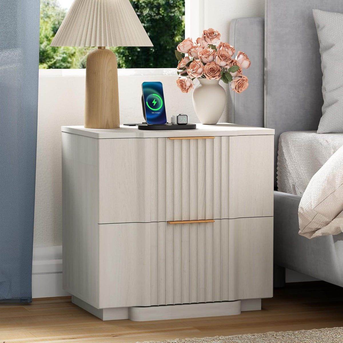 Yechen Fluted Nightstand Set of 2 with Ultra-Fast Charging Station, White | Large Drawers, FSC-Certified Wooden Board, Unique Fluted Profile, Metal Handle, Mid Century Modern Bedside Table for Bedroom