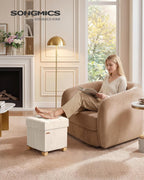 SONGMICS Storage Ottoman, Textured PU Leather Footstool with Legs, Footrest with Cushion, for Living Room and Bedroom, 15 x 15 x 15.7 Inches, White, Minota Collection ULSF523WD01