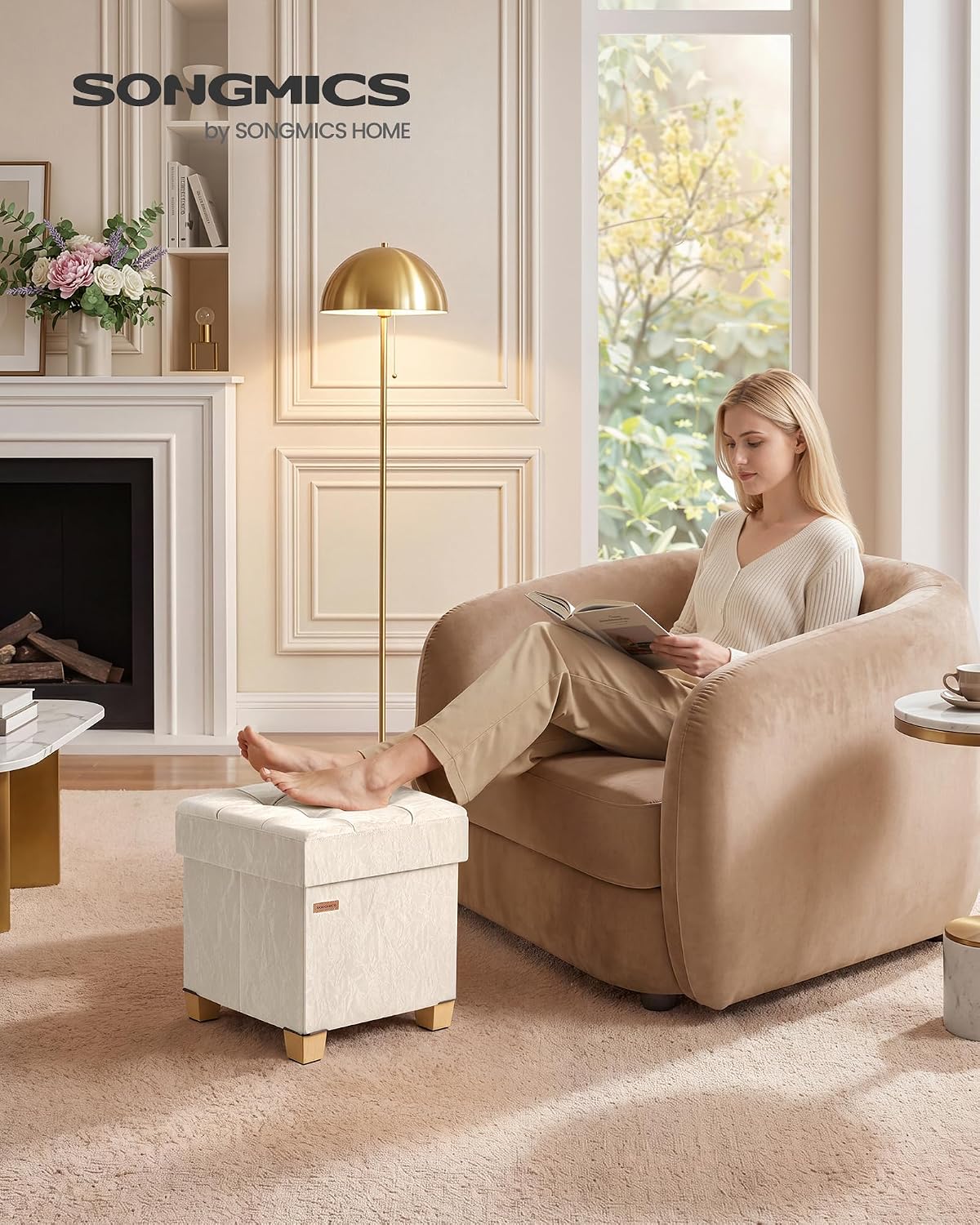 SONGMICS Storage Ottoman, Textured PU Leather Footstool with Legs, Footrest with Cushion, for Living Room and Bedroom, 15 x 15 x 15.7 Inches, White, Minota Collection ULSF523WD01
