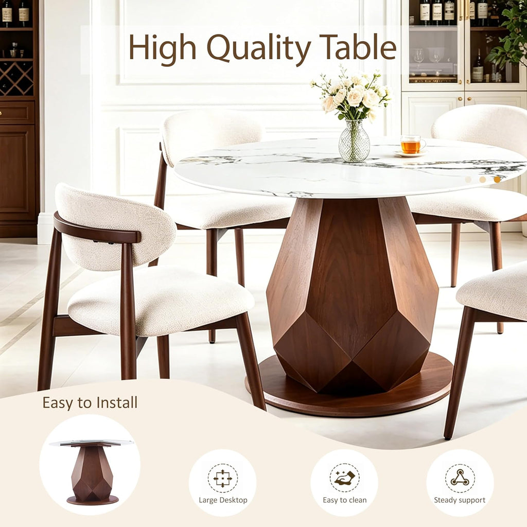 YYQ 45" Round Dining Table Set, Faux Marble Dining Table with 4 Dining Chairs Set, Tempered Glass Tabletop with Antique Brass Metal Base (45" Table with 4 Chairs)