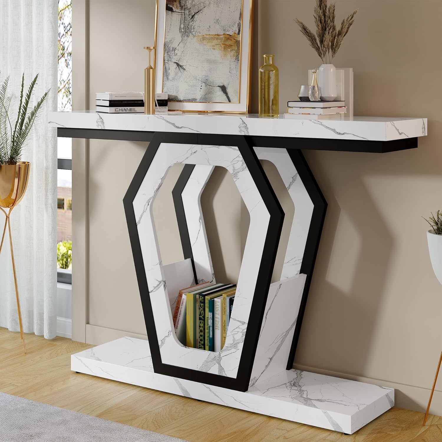 FUSUNBAO 47.3" Console Table,Openwork Bracket Sofa Table, Wood Narrow Entryway Table for Hallway, Behind The Couch, Living Room, Foyer, Easy Assembly（White Marble Texture）